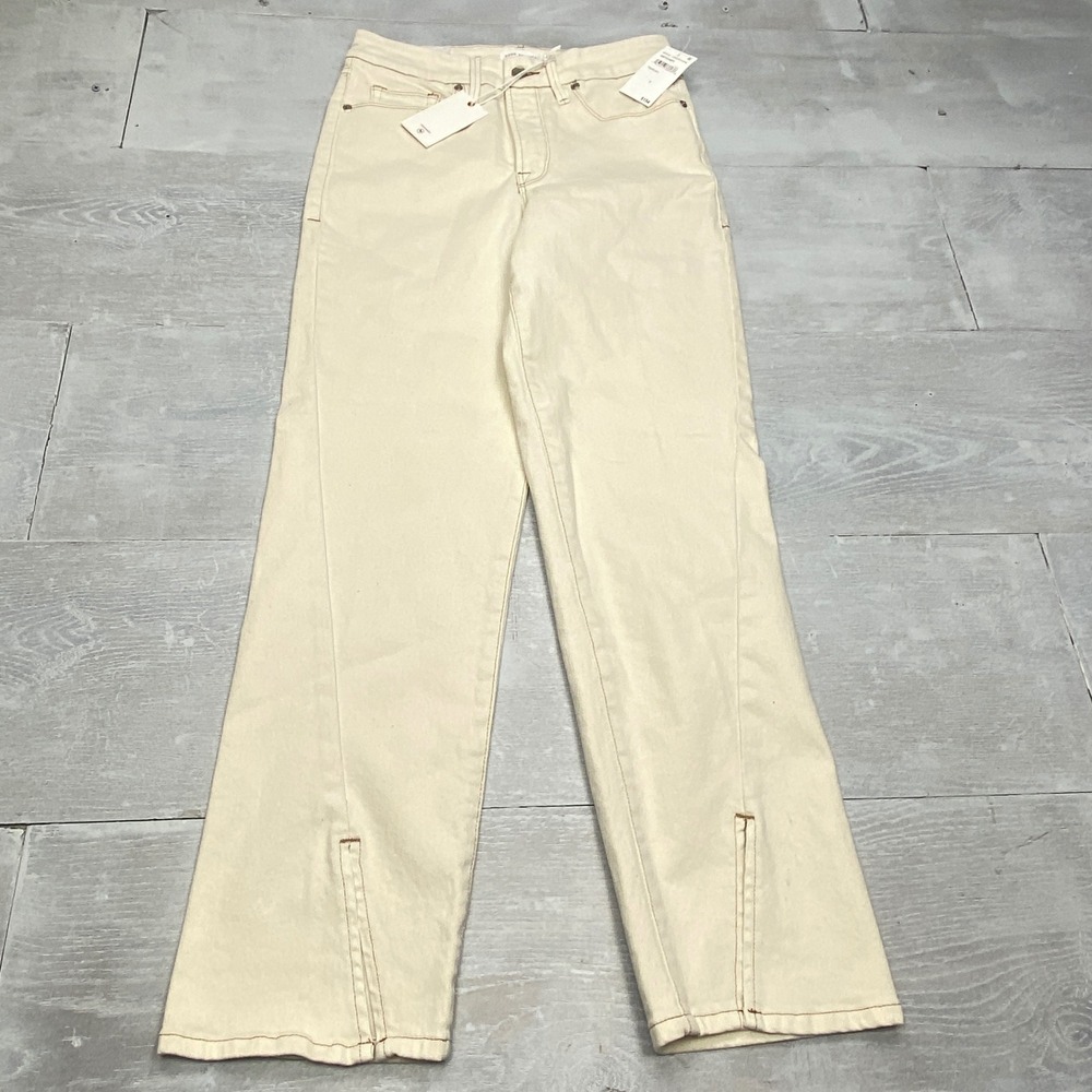Good American Good Boy Straight Petite Jeans 4/27 Cream High Rise Slit Hem NEW